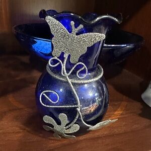 Cobalt Blue Glass Bud Vase with Silver Butterfly Accent